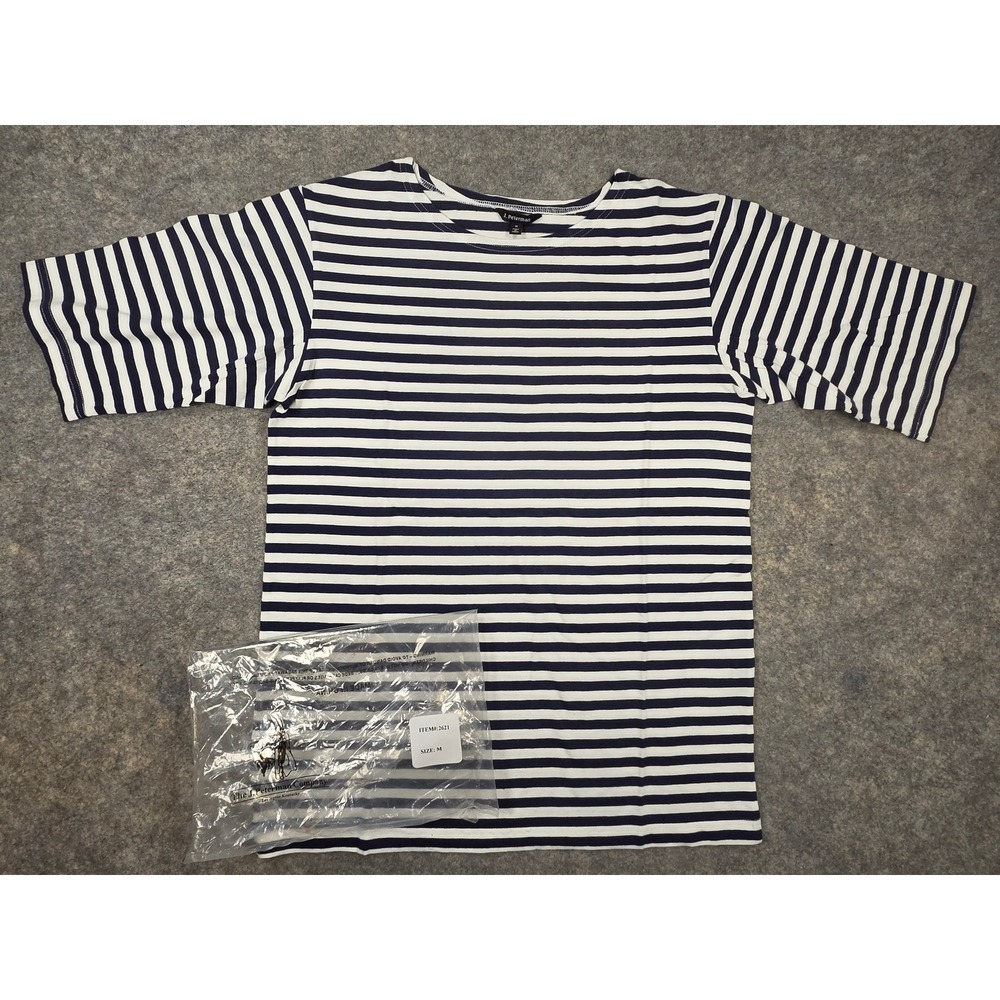 J. Peterman Mens Striped Russian Navy Shirt Telnyashka Blue White Size M NEW